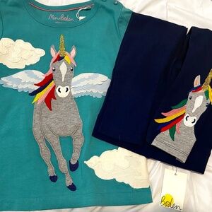 NWT Mini Boden Girls Unicorn T-Shirt Appliqué Front and Back with Matching Pants